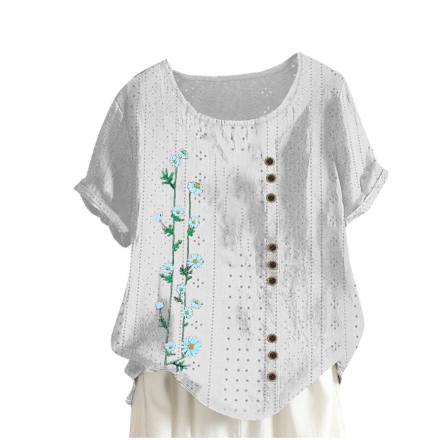 Birdeem Blouses pour Femmes Mode Imprimée Confortable Ample Manches Courtes Blouse Boutonnée Col Rond Décontracté