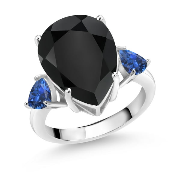 Gem Stone King 8.45 Ct Pear Shape Black Onyx Blue Created Sapphire 925 Sterling Silver Ring (Size 9)
