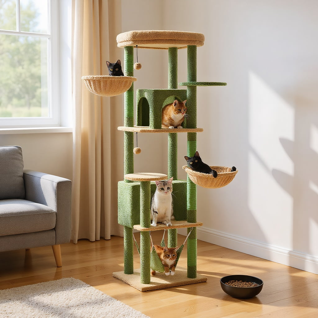 Pefilos 70" Tall Cat Tree Tower with Hammock, 5 Scratching Posts, 2 Condos and a Large Top Perches for Large Cats, Green