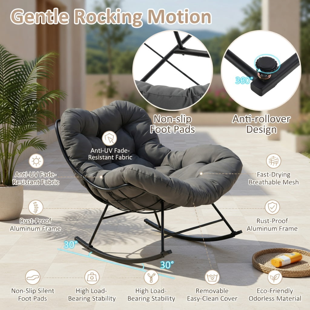 Hommoo Oversized Egg Papasan Rocking Chair with Thick Padded Cushion, Indoor/Outdoor Patio Lounge Chair, Gray