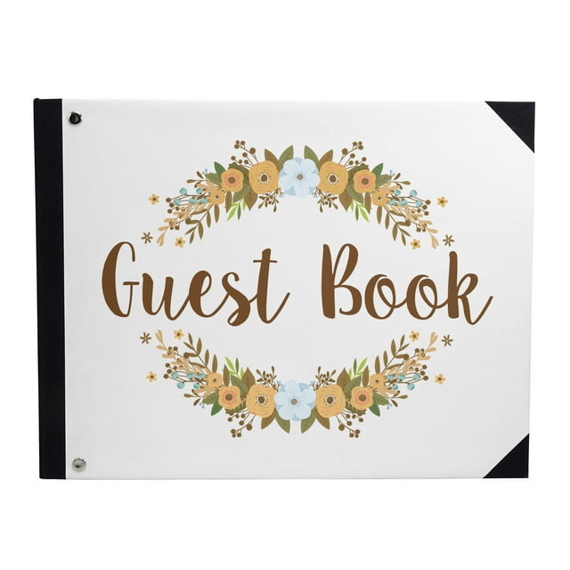 Darling Souvenir White Floral Wreath Printed Wedding Guest Book Hardbound Cover Sign In Book Registry Scrapbook-9 x 12 Inches