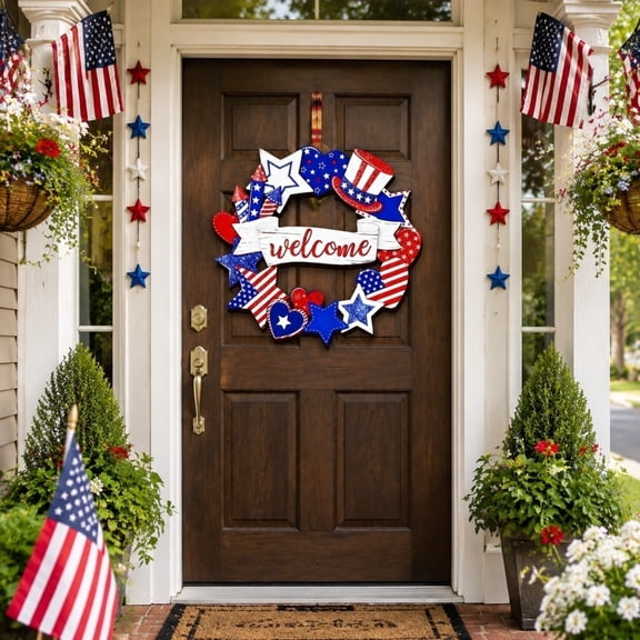 4Th of July Door Decorations, 4Th of July Door Hanger, Patriotic Door Decor, Red White and Blue Wreath, 250Th Independence Day 12X12 Inch Circular Wooden Welcome Front Door