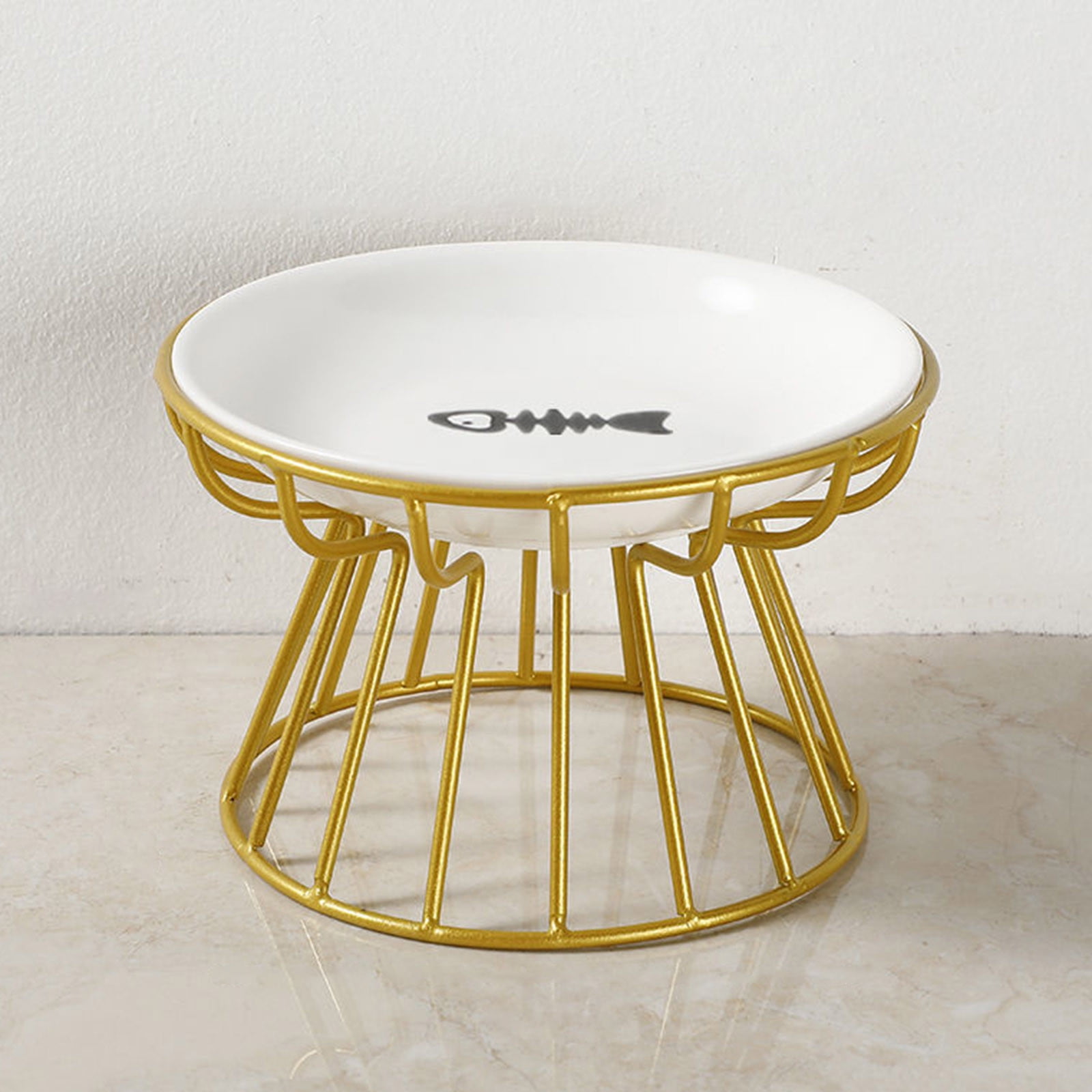 2025 New Raised Ceramic Cat Bowl with Metal Stand - Elevated Pet Dish for Cats & Small Dogs - Anti-Vomit Shallow Food Plate with Gold Paw Design