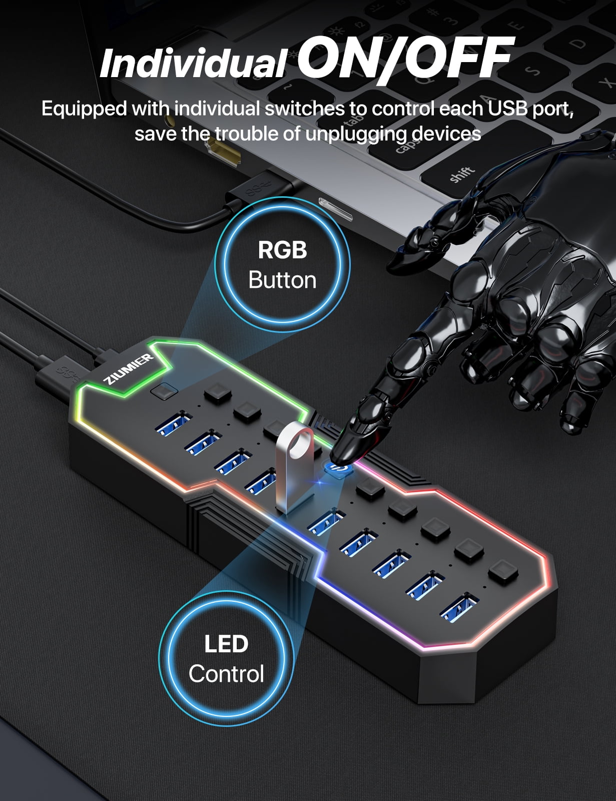 Powered USB 3.0 Hub, 10 Ports USB Hub with RGB LED Strip and 12V/2A Power Adapter USB Extension, Individual LED On/Off Switches for Mac, PC, Desktop, Flash Drive, Mobile HDD