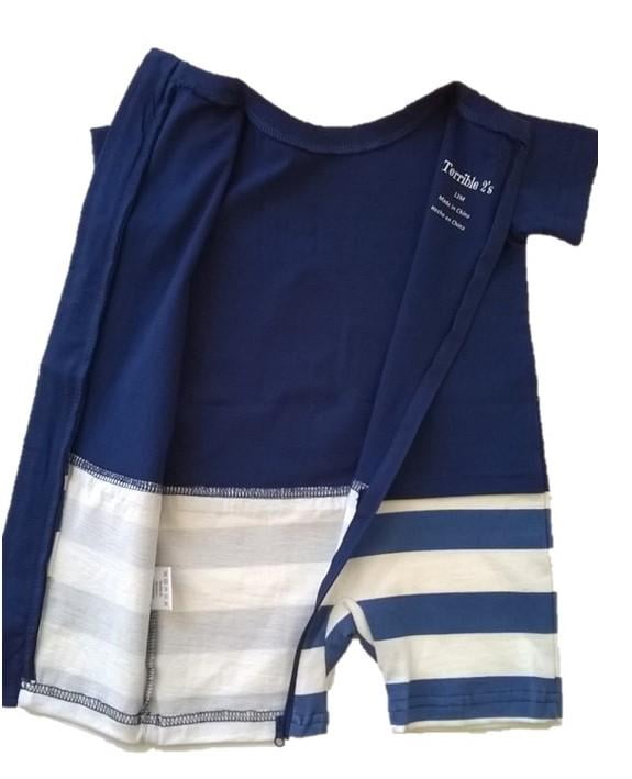 Strip-Proof One-Piece Giraffe Romper with a Back Zipper in Blue/White