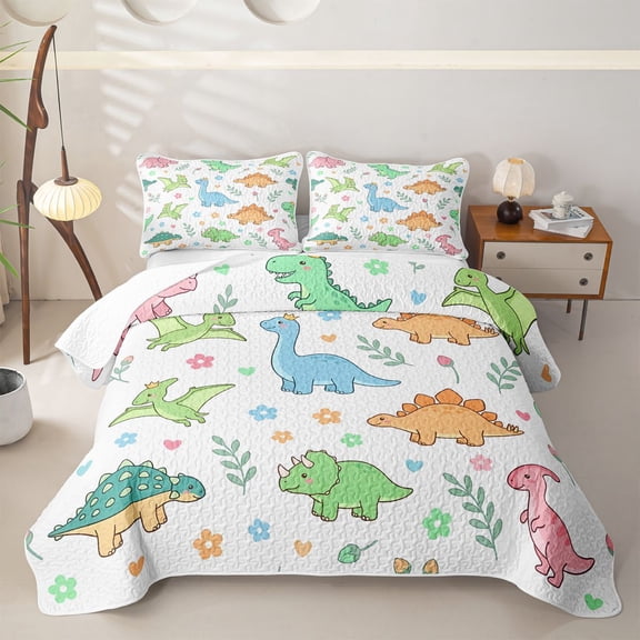 Homewish Cartoon Dino Twin Quilt Set,Cute Floral Twin Coverlet Set,White,2pcs
