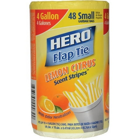 Hero Scent Stripes Small Flap Tie Garbage Bags, Lemon Citrus, 4 Gallon, 48 Count