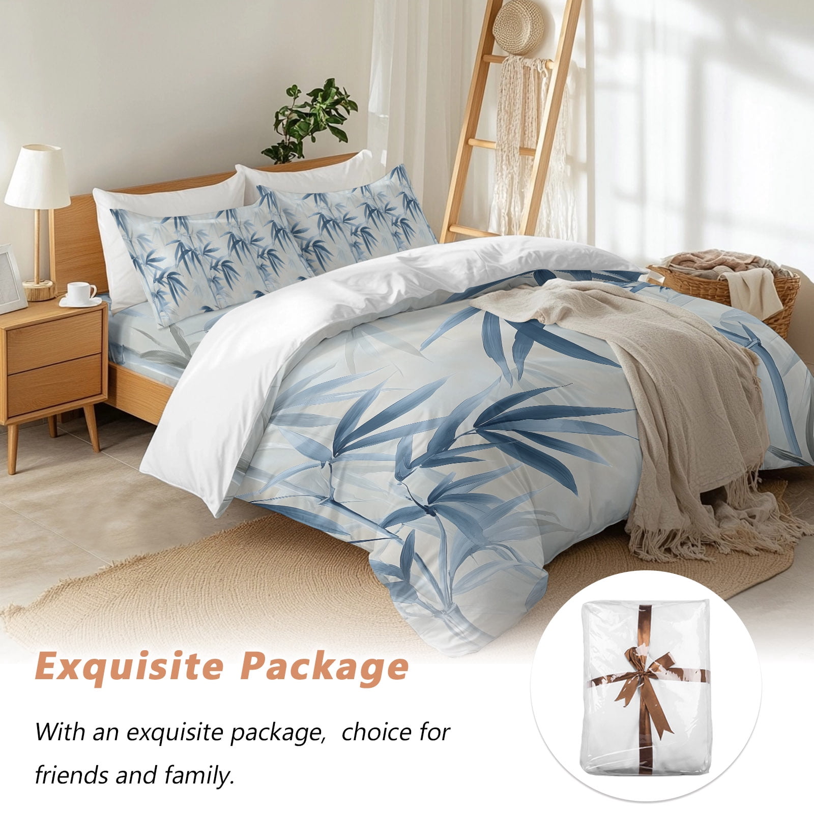 Bamboos Leaf Queen Duvet Cover Set, Blue Green Leaf Watercolor Modernism 4 Piece Microfiber Bedding Set with Zipper Closure, Bed Sheet and 2 Pillow Shams, Soft Bedding Cover