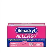 Benadryl Ultratabs Antihistamine Allergy Relief Medicine, Diphenhydramine HCl Tablets for Relief of Cold & Allergy Symptoms Such as Sneezing, Runny Nose, & Itchy Eyes & Throat, 100 ct