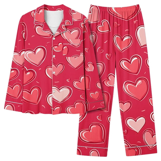 TIMIFIS Pyjamas de la Saint-Valentin pour Femmes Ensembles de Pyjamas pour Dames Décontractés à Manches Longues Mignon Imprimé Cœur Chemise Boutonnée Décontractée Hauts avec Pantalon Long Ensembles de Pjs