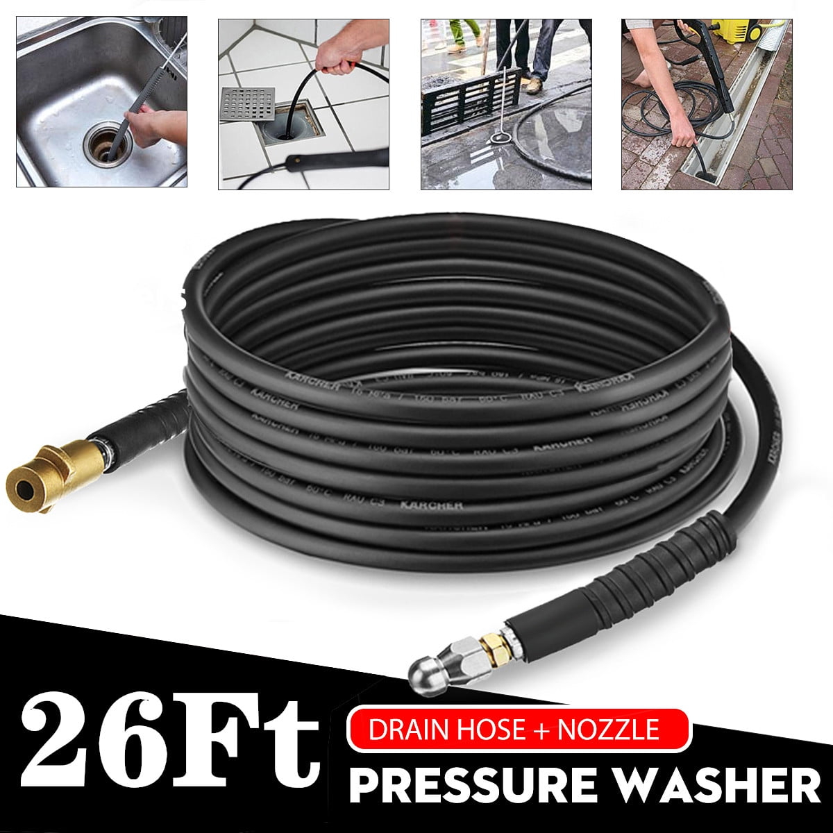 10M Pressure Washer Sewer Drain Cleaning Hose w/ Jet Nozzle For Karcher K Series 