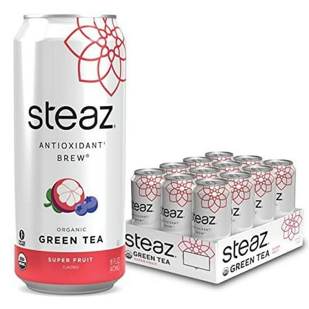 Steaz Organic Lightly Sweetened Iced Green Tea, Super Fruit, 16 FL OZ (Pack of 12)