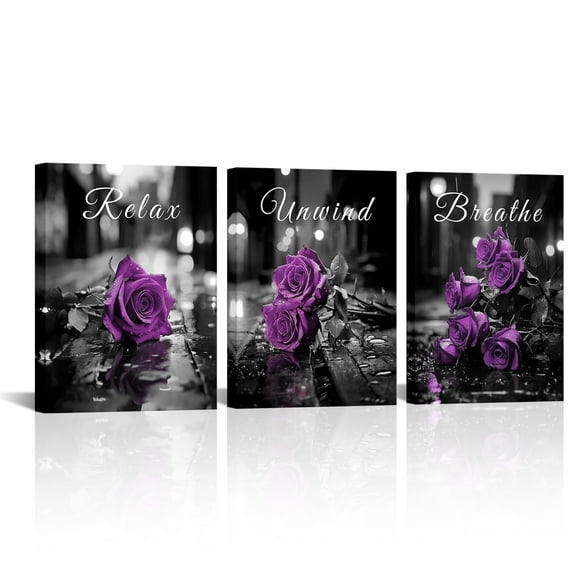 Purple Wall Art Rose Flowers Wall Decor for Living Room Bathroom Purple and Gray Canvas Paintings Romantic Bedroom Decor Black and White Modern Artwork Valentines Gifts Home Decorations 12x16" 3 Pcs
