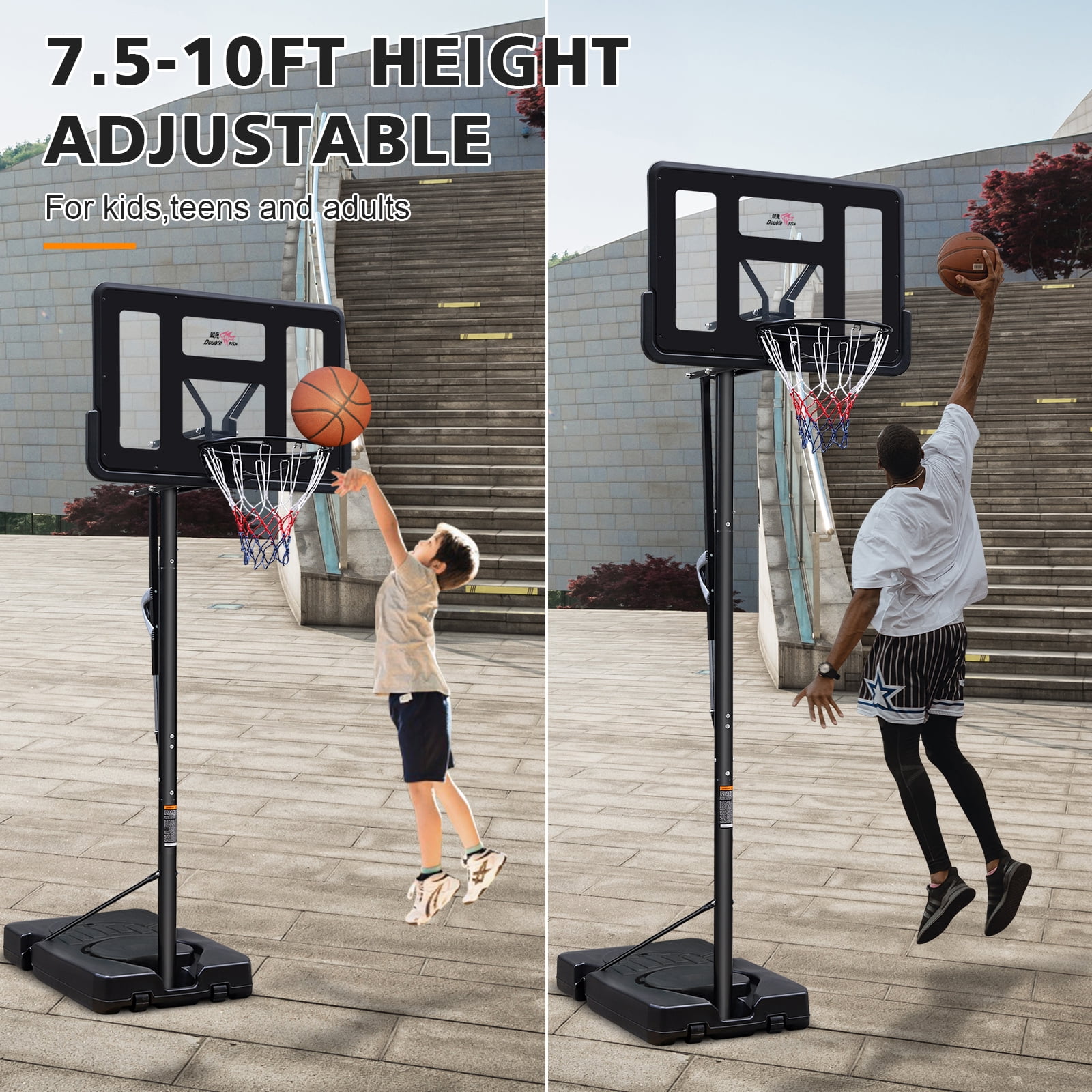 7.5-10ft Adjustable Height Outdoor Basketball Stand, Portable Basketball Stand, 44"shatter-proof Backboard, Fillable Base, 2 Portable Wheels, Suitable for Swimming Pool