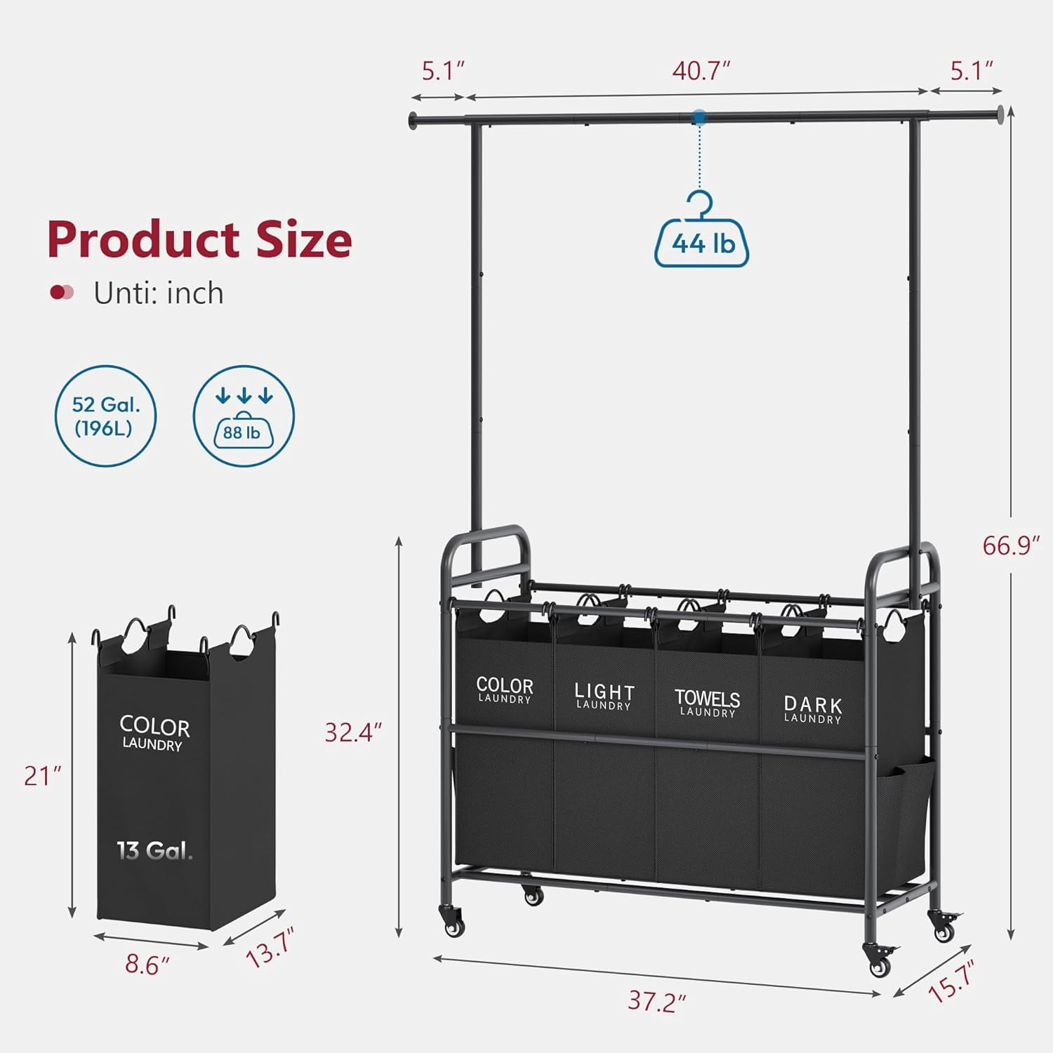 Laundry Sorter Cart with Hanging Clothes Rack, 4 Butler Sorter Basket Organizer, Laundry Hamper Cart with Heavy Duty Rolling Lockable Wheels