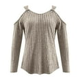 thumbnail image 4 of MIXUE Boho Tops For Women Summer Solid Color Ribbed V Neck Off Shoulder Long Sleeve Sexy Fashion Tshirts Activewear,Brown,S, 4 of 5