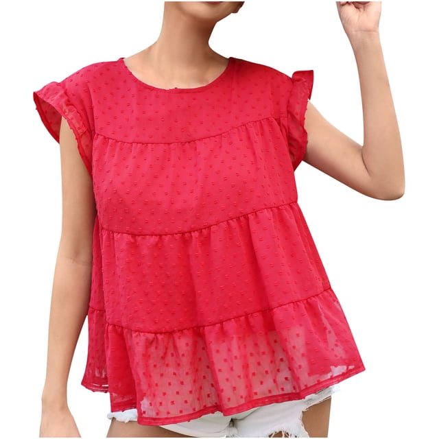 AherBiu Hauts de Sortie pour Femmes en Mousseline à Manches Courtes Style Cap, Duveteux, à Pois, Col Ras du Cou, à Volants Superposés, Blouse d'Été pour la Plage et les Vacances
