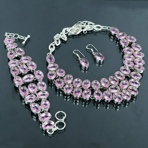 Pink Kunzite Gemstone Jewelry Set Handmade Adjustable Chain Necklace Oval Shape