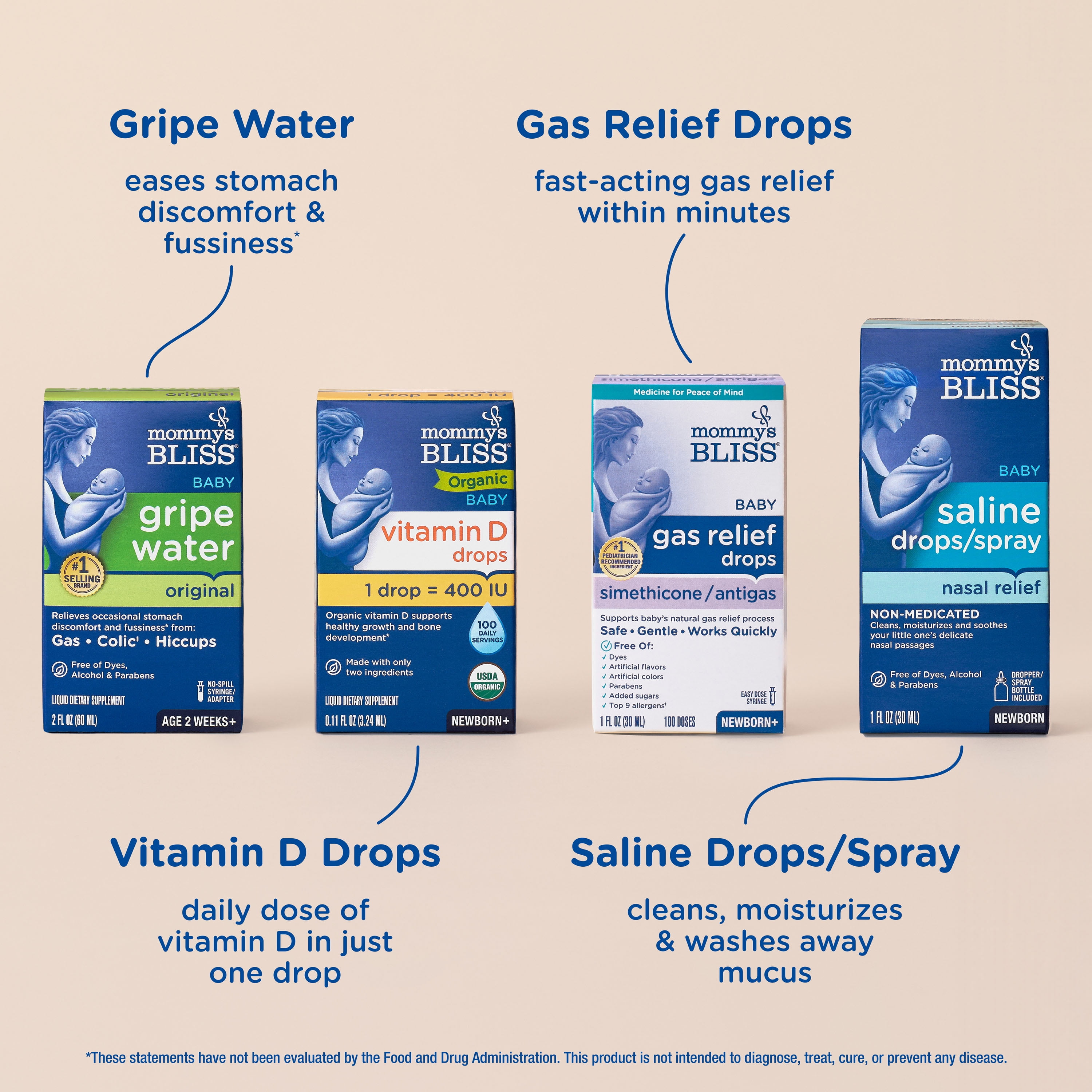 Mommy's Bliss Newborn Set, Included Gripe Water, Vitamin D, Gas Relief, Saline Drops, 4 Count