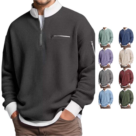 CONZONE Mens Long Sleeve Sweatshirt 1/4 Zip Stand Collar Knit Pullover Sweatshirts For Men Solid Color Cozy Fall Winter Mens Hoodies