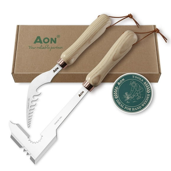 AON 2-Pack Hand Crack Weeder Puller Tool Set - Made with Durable Steel and Ash Wood Ergonomic Handles, Weeding Tools Ideal for Gardens and Patio
