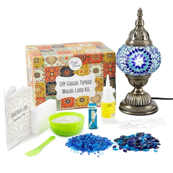 KRAFTSTORIES Turkish Mosaic Lamp Kit DIY Glass Decorative Table Bedside Night Light Tabletop for Living Room Bedroom | Make Your Own Lamp | Antique Bronze Base (Blue)