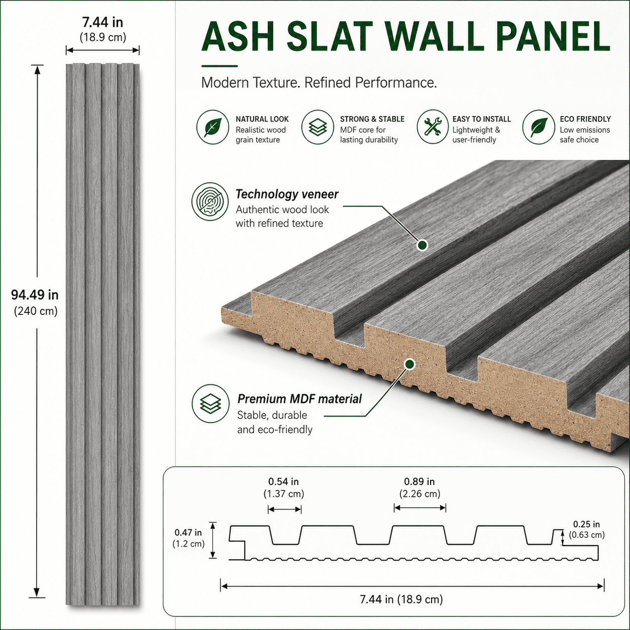 Yeslife 6 pcs Slat Wall Panels, 94.49 x 7.44 in, Ash MDF, 3D Decorative Design for Interior Walls and Ceilings