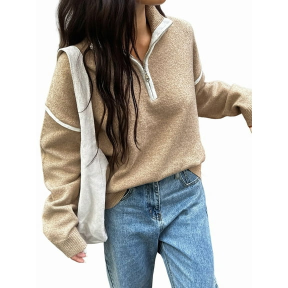 Womens Quarter Zip Pullover Sweaters Casual Collared V Neck Color Block Long Sleeve Loose Knit Fall Sweater Khaki M