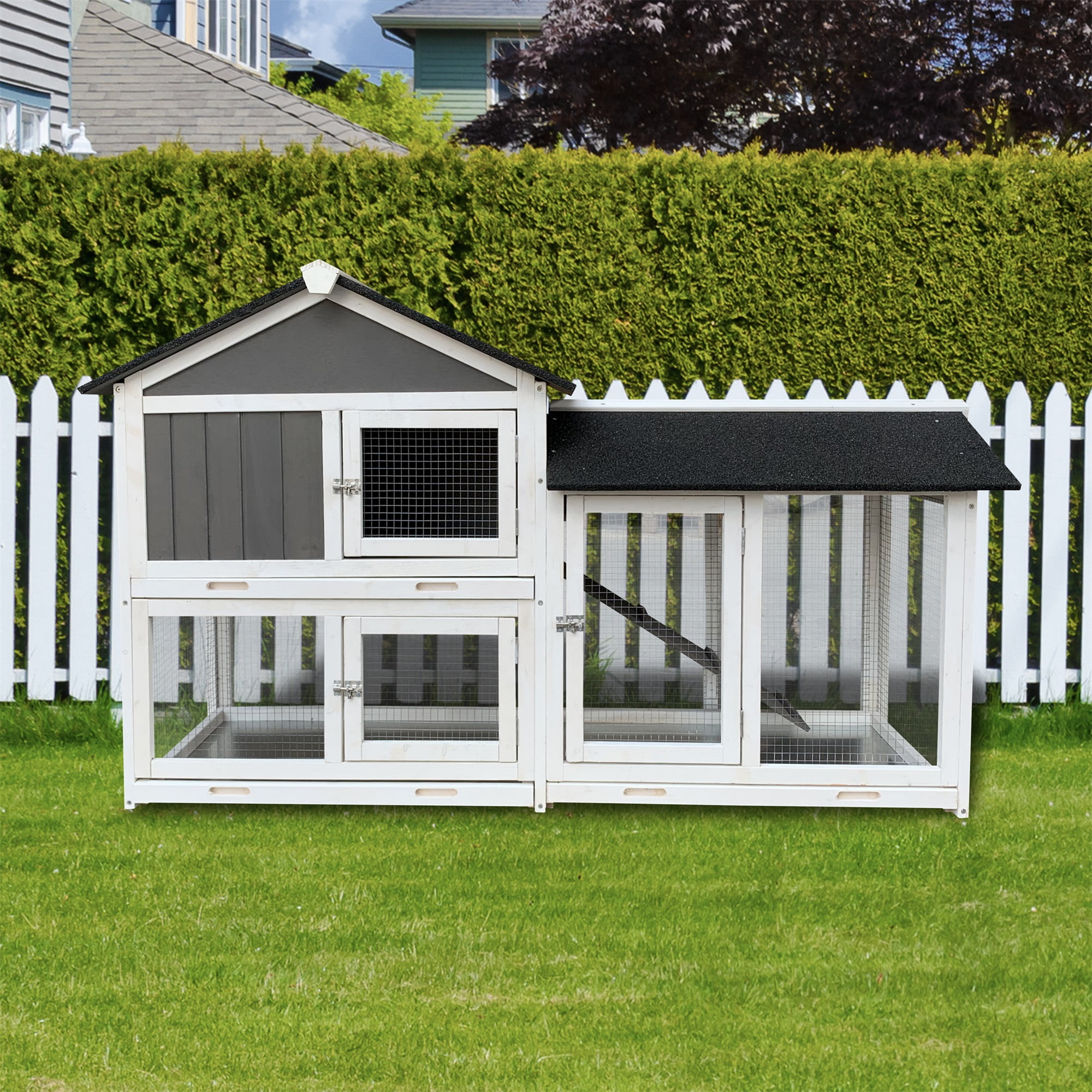 Pefilos 61" Wood Rabbit Hutch Indoor Outdoor Bunny Cage Rabbit House with Removable Tray Pet Cage for Small Animals, Gray Pefilos 61" Wood Rabbit Hutch Indoor Outdoor Bunny Cage Rabbit House with Removable Tray Pet Cage for Small Animals, Gray
