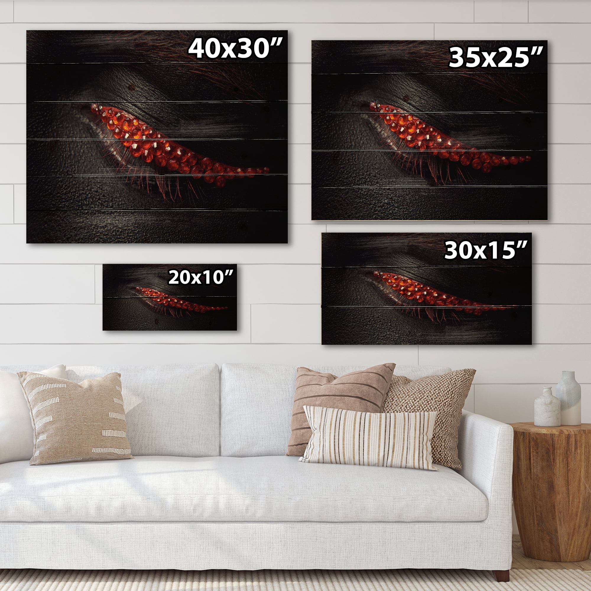 Designart 'Beautiful Black Skin Female Eye With Red Diamonds' Modern Print on Natural Pine Wood
