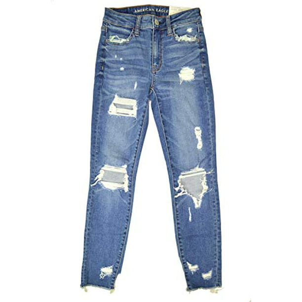 New American Eagle Womens 24331579 Super Stretch Hi-Rise Raw Hem Jegging  Crop Jeans Destroyed Blue Wash (US: 2 Regular)