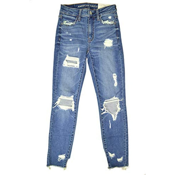 New American Eagle Womens 24331579 Super Stretch Hi-Rise Raw Hem Jegging Crop Jeans Destroyed Blue Wash (US: 2 Regular)