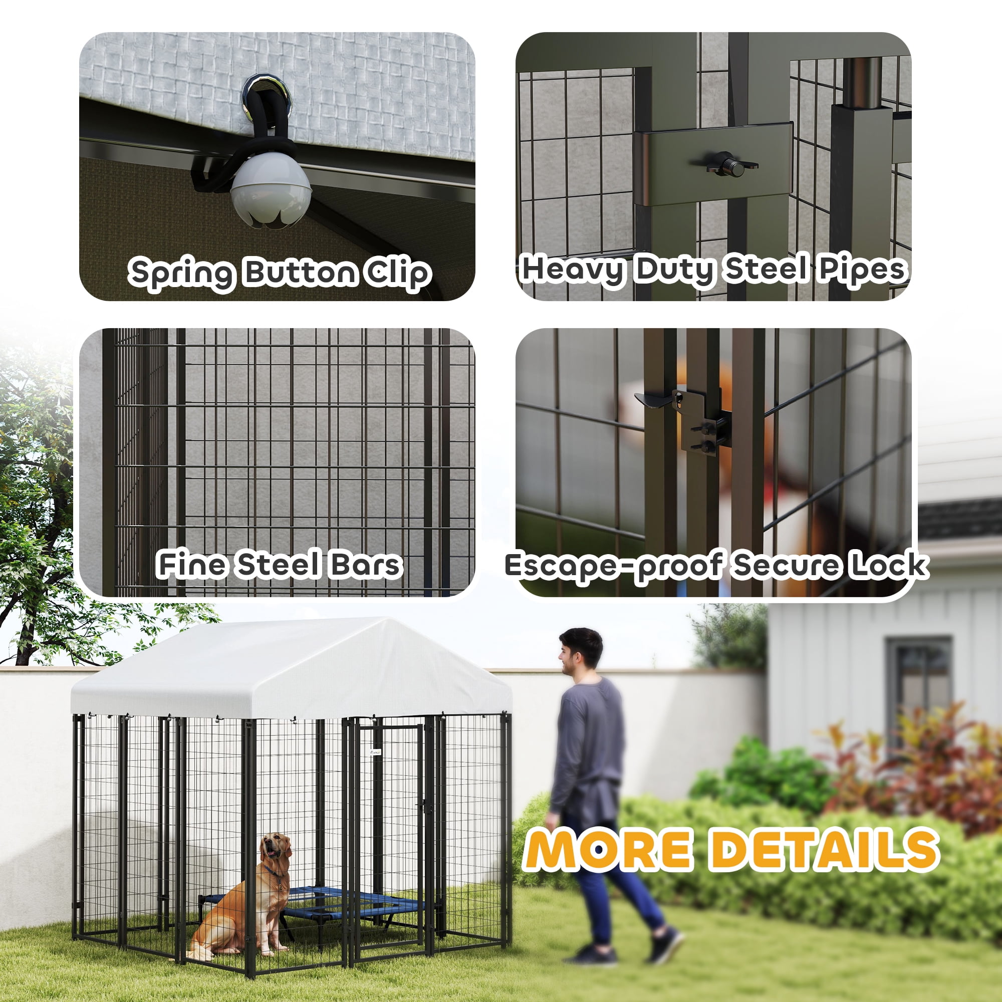 PawHut Outdoor Dog Kennel with Roof, Welded Wire Dog Playpen Enclosure with Escape-proof Lock, UV-Resistant & Waterproof Cover, 6' x 6' x 6', Silver