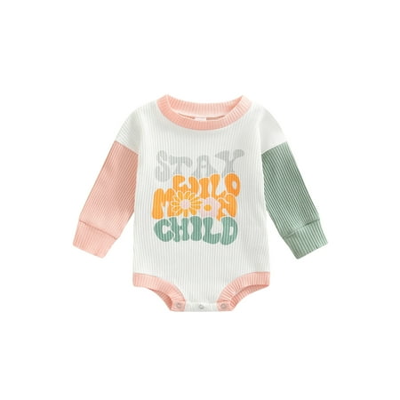

Frobukio Infant Baby Girls Spring Autumn Romper Long Sleeve O Neck Letter Print Patchwork Bodysuit Tops Pink Green 6-12 Months