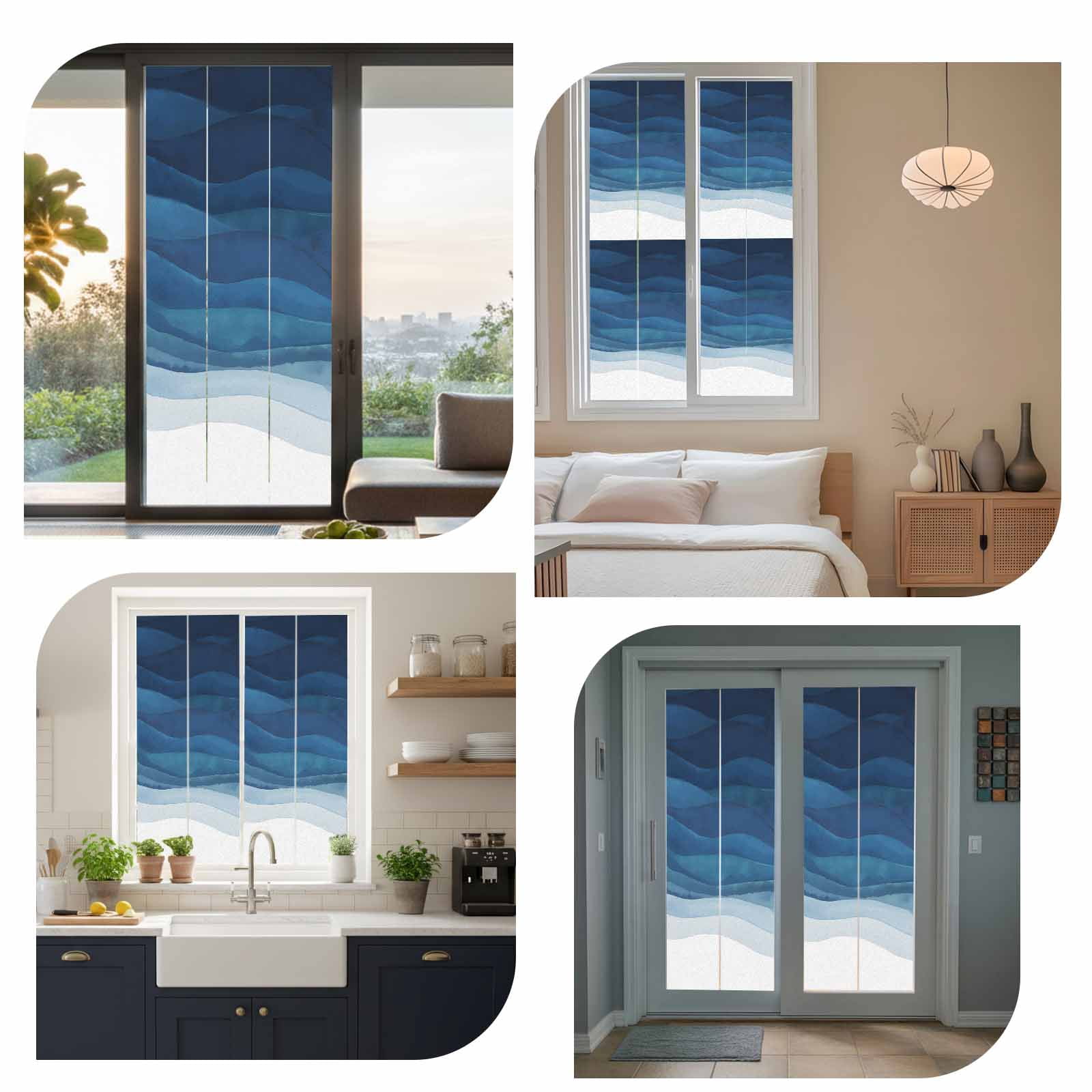 Sun Blocking Glass Window Film, Navy Blue Ombre Window Privacy Film Frosted, Abstract Modern Stripe Waves Moires Reusable Windows Privacy Sticker for Home Decor, Nursery, 23.6 x 78.7 Inches