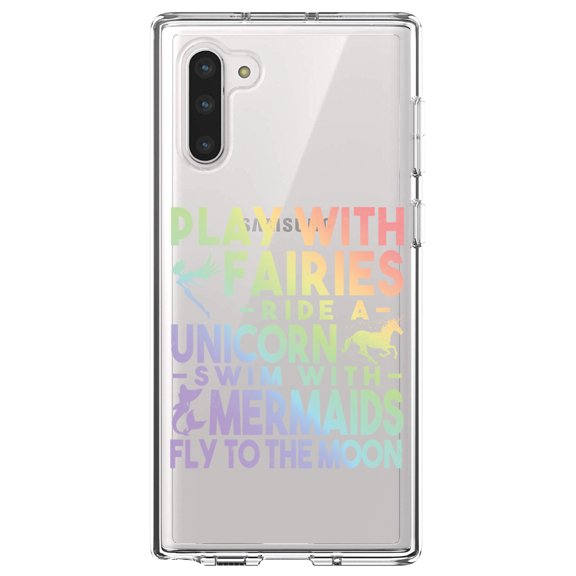 DistinctInk Clear Shockproof Hybrid Case for Samsung Galaxy Note 10 (6.3" Screen) - TPU Bumper Acrylic Back Tempered Glass Screen Protector - Play With Fairs Ride Unicorn Mermaids Moon