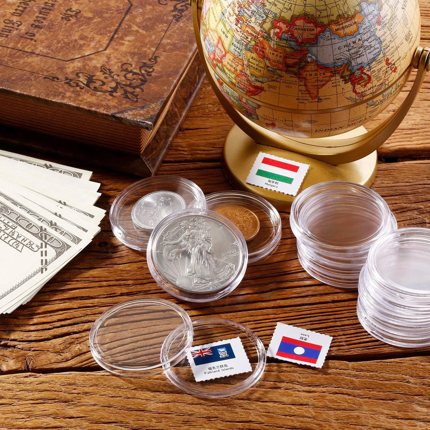 Plastic Round Silver Coin Capsules Covers Storage Box for Collection Supplies-60 Pcs 41mm Coin Capsules, Coin Case Holder, Plastic Coin Case for Coin Collecting Supplies(1set-L)