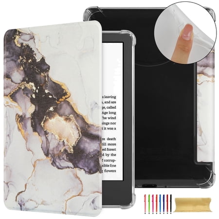 Case for Kindle Paperwhite 2024 / Signature Edition 2024 / Colorsoft Signature Edition 2024 Clear Soft TPU Back Protective PU Leather Magnetic Adsorption Cover Auto Sleep/Wake - White Marble