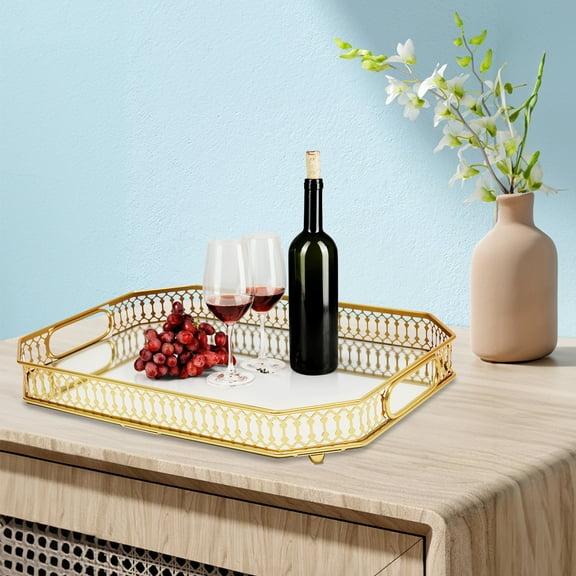 Peakora Gold Decorative Tray, Rectangular Desktop Tray, Serving Tray Vanity Tray with Handles & Non-slip Base for Drinks Fruit & Jewelry Elegant Decorative