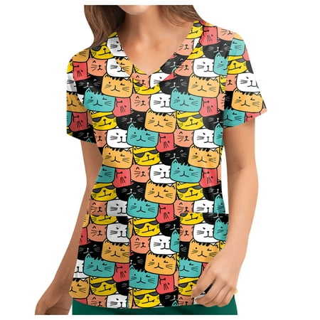 

Qcmgmg Scrub Tops Women Stretchy Cartoon Pattern Casual Loose Fit Tops for Ladies Short Sleeve V Neck Women Scrubs Workwear Uniform Shirts for Women with Two Pockets Multicolor L