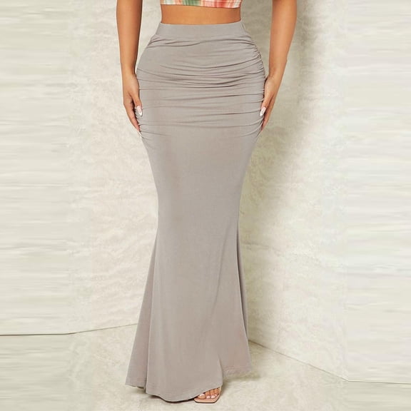 BRGZLK Women's Plus Size Skirt Summer 2026 Casal Solid Color High Waisted Bodycon Ruched Maxi Skirts Going Out Outfit，Women Gifts Gray S