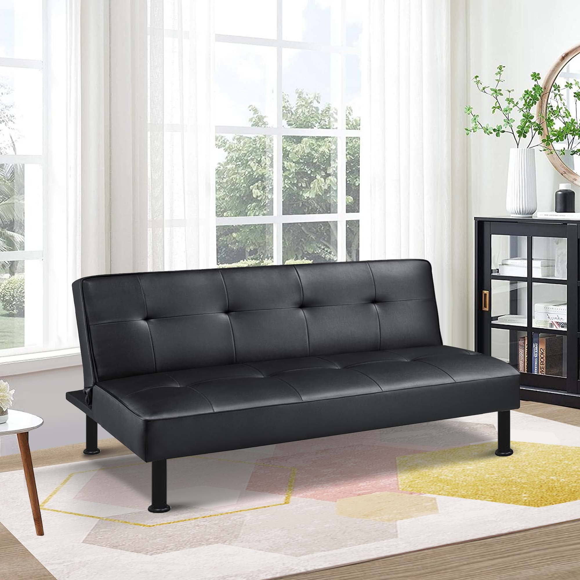 Aukfa Studio Futon Convertible Sofa Bed, Tufted Back, Leather, Black