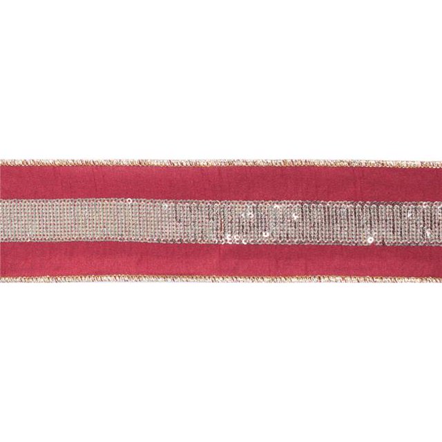 Gold Sequin Stripe Burgundy Wired Ribbon, 2.5 in. x 5 yard
