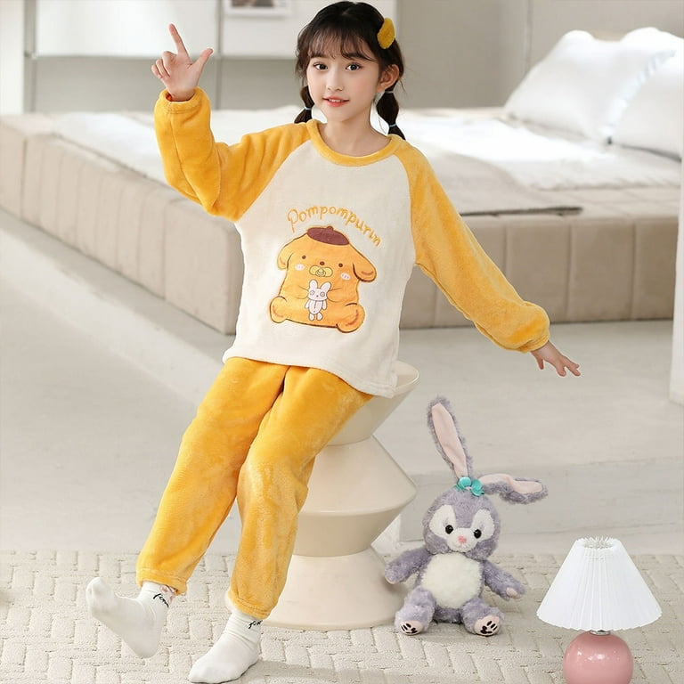 2Pcs Set Anime Hello Kitty Sanrio Cinnamoroll Kuromi Plush Pajamas Cartoon  Cute Pants Long Sleev Student Girl Kid Home Nightgown