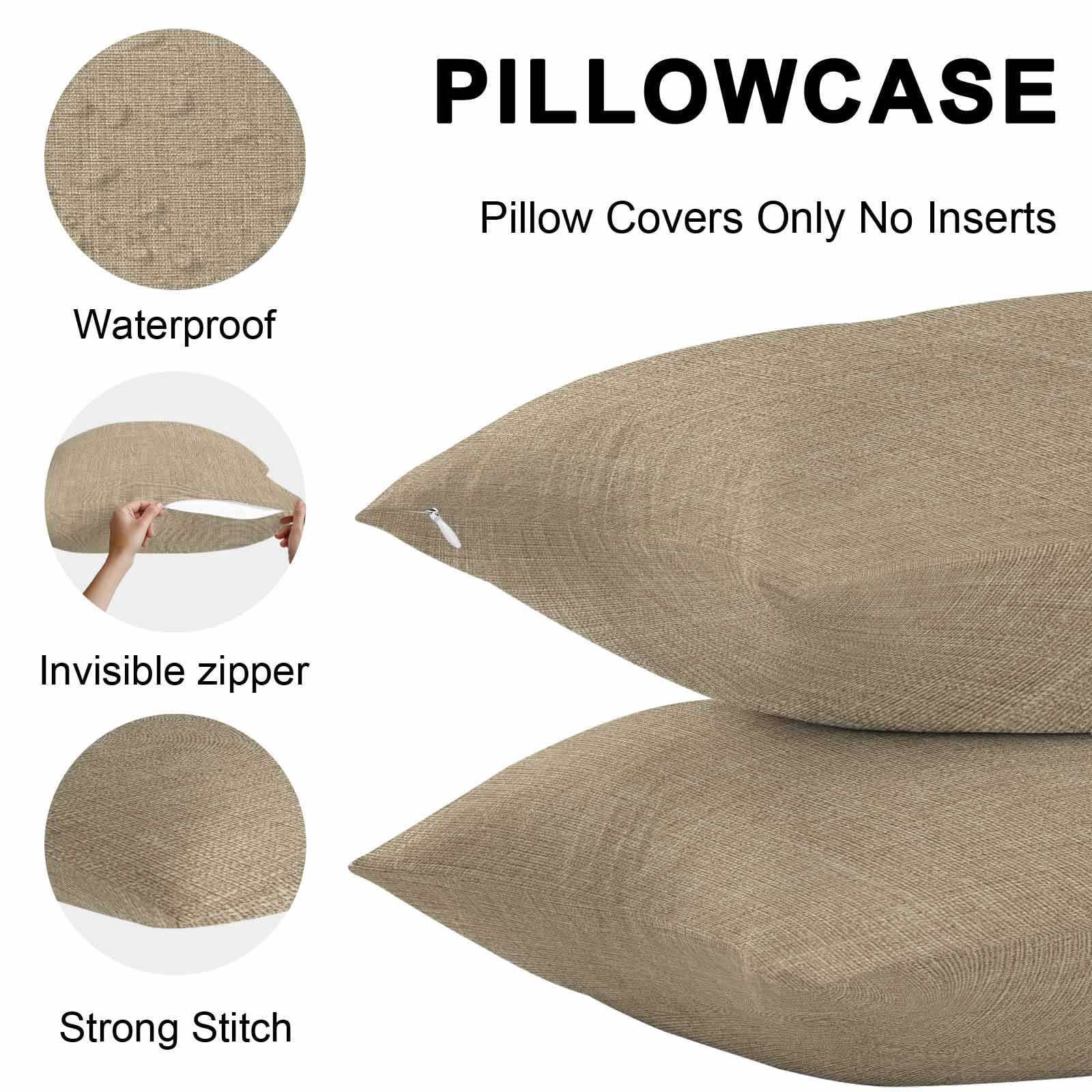 Beige Throw Pillow Covers 20x20 Inch Set of 2, Farmhouse Burlap Solid Brown Color Modern Linen Texture Waterproof Outdoor Pillow Covers, Decorative Cushion Pillowcases for Couch, Sofa, Bed, Patio
