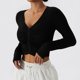 thumbnail image 3 of Top de entrenamiento fruncido frontal Cuello en V Color puro Manga larga Slim Fit Casual Camiseta transpirable Negro 12/L, 3 of 7