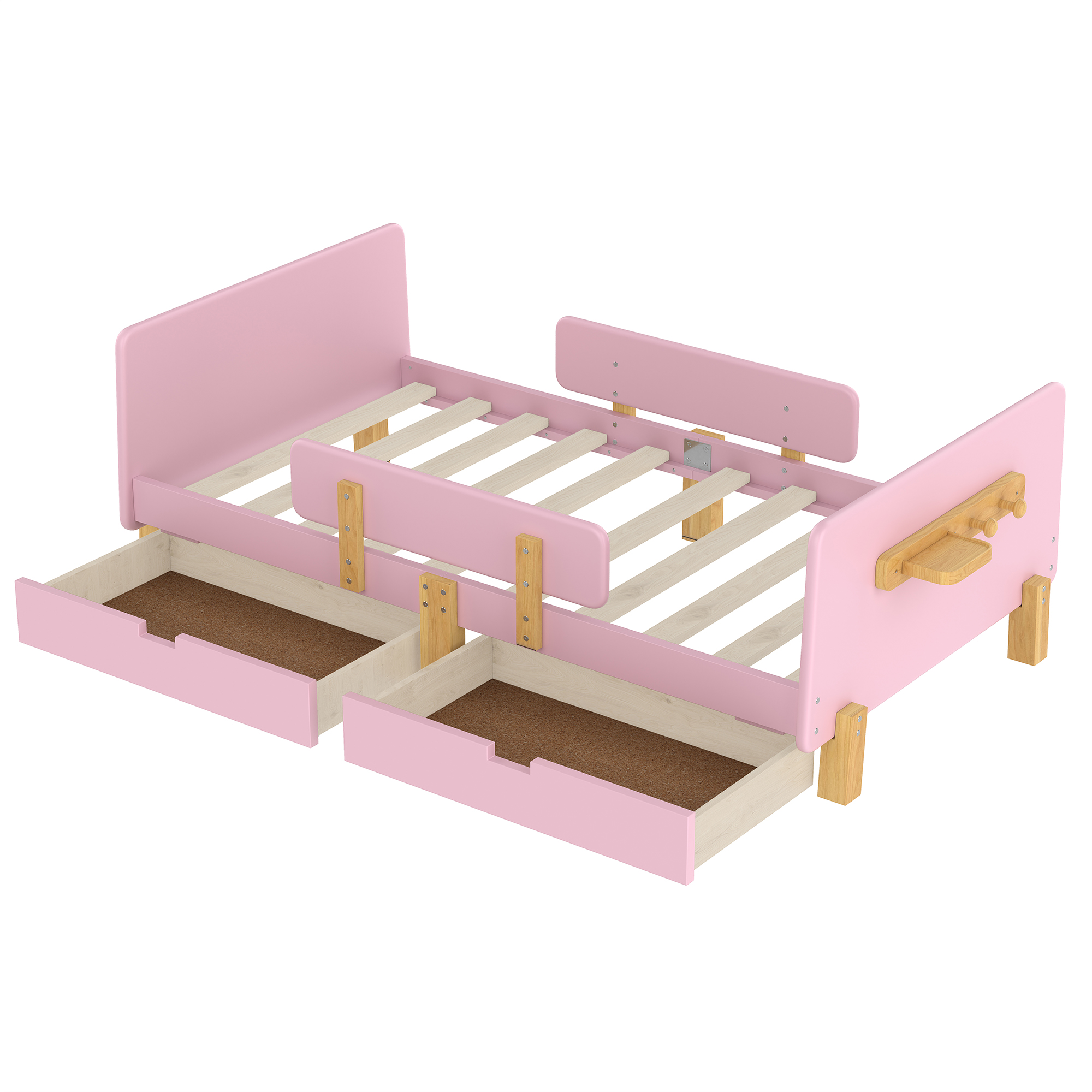 Miniyam Twin Bed with Storage Drawers, Guardrails, Footboard Shelf & Side Hooks for Kid, Pink