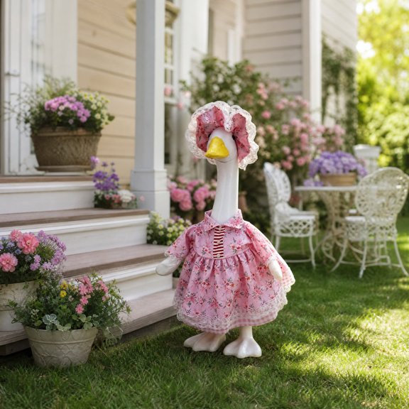 Eliaeconx Rustic Rose Floral Porch Goose Dress Set, Hat and Dress Outfit for Goose Statue, Garden, Outdoor Display.