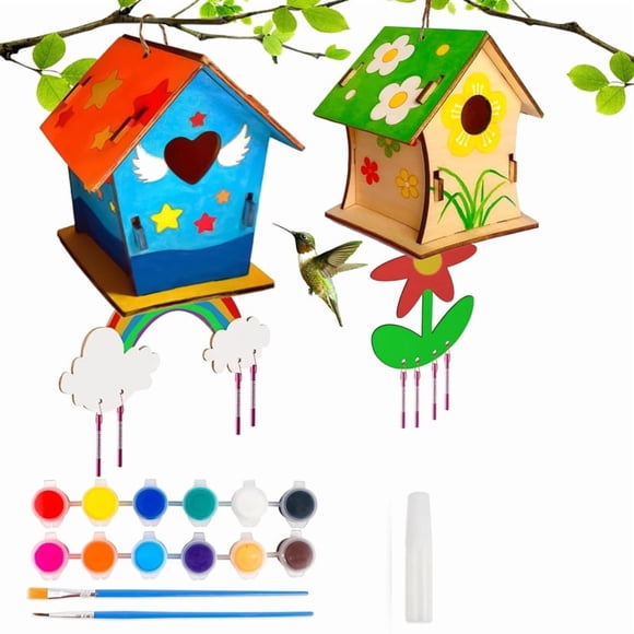 AKEGAMN Kit de Carillon Éolien Maison d'Oiseaux Bricolage pour Enfants 4 Pcs Artisanat de Printemps en Bois Construisez et Peignez Votre Propre Carillon Éolien Maison d'Oiseaux Arts et Artisanat pour Enfants et Activités Ornements Décoratifs Kit de Carillon Éolien 12 ml: