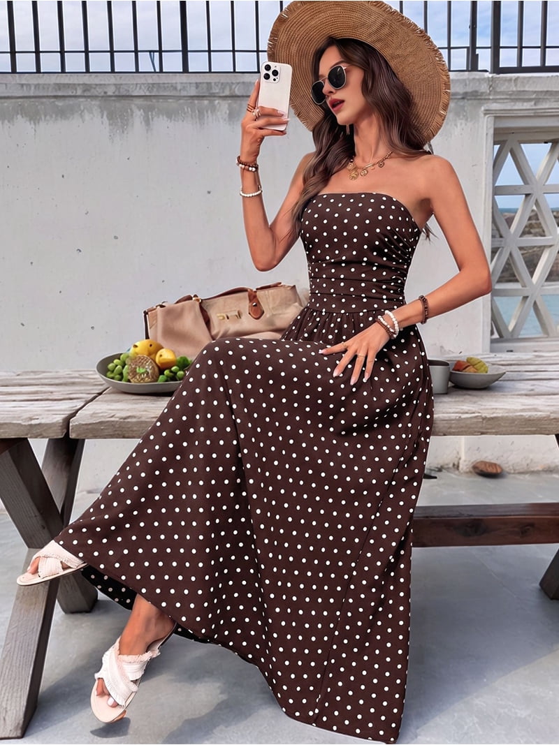 Women's Polka Dot Strapless Dress Smocked Tube Top Casual Sleeveless Swing Flowy Maxi Dresses Dark Blue XL